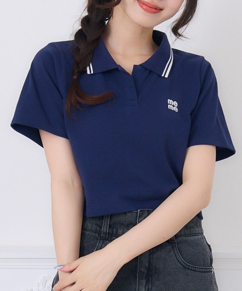 ems excite(エムズエキサイト)の「スキッパーポロTEE(Tシャツ/カットソー・レディース・ダークグレー/オフホワイト/ブルー・FREE)」の3枚目の写真