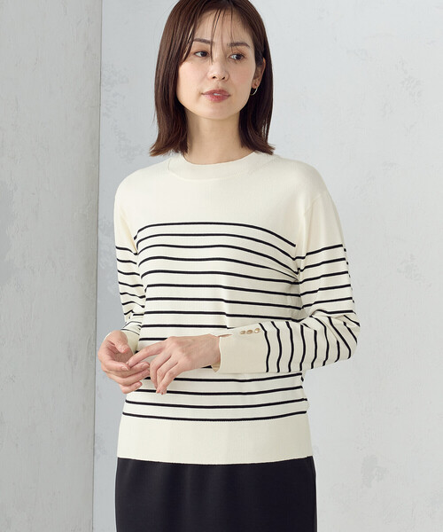 COMME CA ISM（コムサイズム）の「ボーダー　袖ボタンニット（ニット/セーター・レディース・ホワイト×ブラック/ブラック×ホワイト・LARGE/MEDIUM）」の5枚目の写真