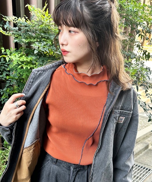 DOUBLE NAME(ダブルネーム)の「配色メローメッシュロンTEE(Tシャツ/カットソー・レディース・オフホワイト/オレンジ/グリーン/グレー・FREE)」の4枚目の写真