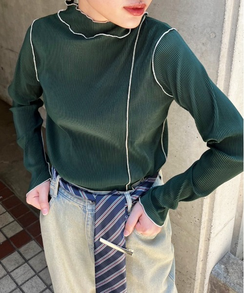 DOUBLE NAME(ダブルネーム)の「配色メローメッシュロンTEE(Tシャツ/カットソー・レディース・オフホワイト/オレンジ/グリーン/グレー・FREE)」の1枚目の写真