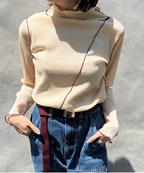 DOUBLE NAME(ダブルネーム)の「配色メローメッシュロンTEE(Tシャツ/カットソー・レディース・オフホワイト/オレンジ/グリーン/グレー・FREE)」の5枚目の写真