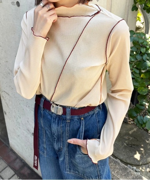 DOUBLE NAME(ダブルネーム)の「配色メローメッシュロンTEE(Tシャツ/カットソー・レディース・オフホワイト/オレンジ/グリーン/グレー・FREE)」の6枚目の写真