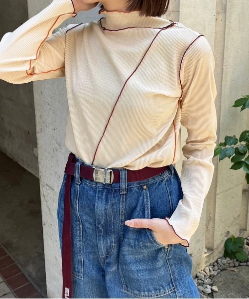 DOUBLE NAME(ダブルネーム)の「配色メローメッシュロンTEE(Tシャツ/カットソー・レディース・オフホワイト/オレンジ/グリーン/グレー・FREE)」の7枚目の写真