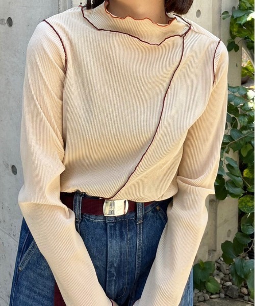 DOUBLE NAME(ダブルネーム)の「配色メローメッシュロンTEE(Tシャツ/カットソー・レディース・オフホワイト/オレンジ/グリーン/グレー・FREE)」の8枚目の写真