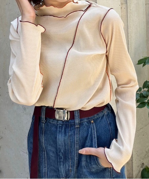 DOUBLE NAME(ダブルネーム)の「配色メローメッシュロンTEE(Tシャツ/カットソー・レディース・オフホワイト/オレンジ/グリーン/グレー・FREE)」の9枚目の写真