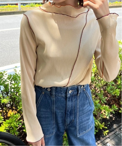 DOUBLE NAME(ダブルネーム)の「配色メローメッシュロンTEE(Tシャツ/カットソー・レディース・オフホワイト/オレンジ/グリーン/グレー・FREE)」の10枚目の写真