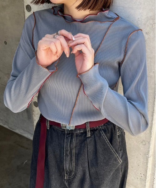 DOUBLE NAME(ダブルネーム)の「配色メローメッシュロンTEE(Tシャツ/カットソー・レディース・オフホワイト/オレンジ/グリーン/グレー・FREE)」の13枚目の写真