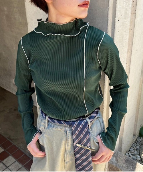 DOUBLE NAME(ダブルネーム)の「配色メローメッシュロンTEE(Tシャツ/カットソー・レディース・オフホワイト/オレンジ/グリーン/グレー・FREE)」の19枚目の写真