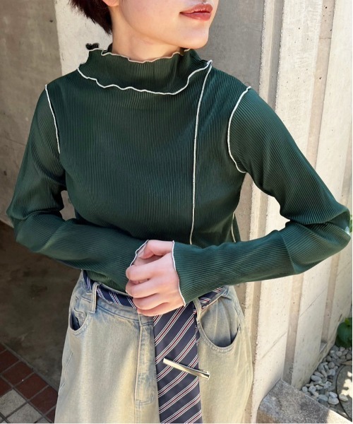 DOUBLE NAME(ダブルネーム)の「配色メローメッシュロンTEE(Tシャツ/カットソー・レディース・オフホワイト/オレンジ/グリーン/グレー・FREE)」の20枚目の写真