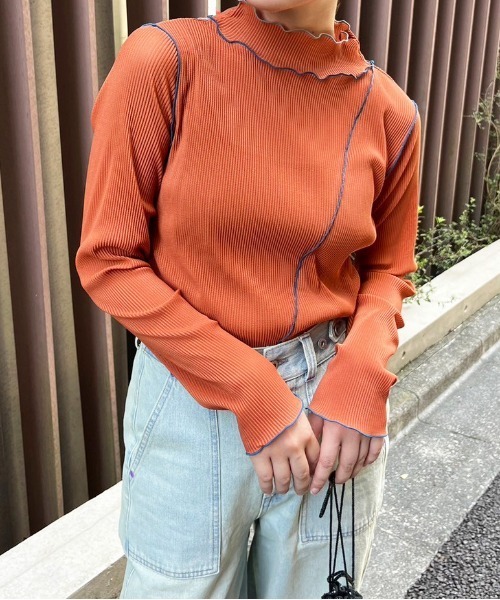 DOUBLE NAME(ダブルネーム)の「配色メローメッシュロンTEE(Tシャツ/カットソー・レディース・オフホワイト/オレンジ/グリーン/グレー・FREE)」の22枚目の写真