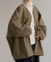 レディースのノーカラージャケット（ブラウン/茶色系）ファッション