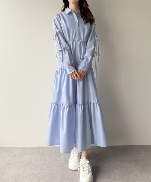 希少　pa-se-ri ティアードシャツワンピース　リボン　フリル　日本製 classicalelf シャツワンピース ぽわん袖であざと女子♪2way長袖