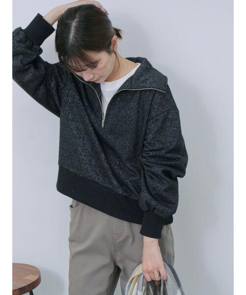 Samansa Mos2 blue（サマンサモスモスブルー）の「ラメ裏毛ハーフジッププルオーバー（Tシャツ/カットソー・レディース・キナリ/トップグレー/ブラック・F）」の8枚目の写真