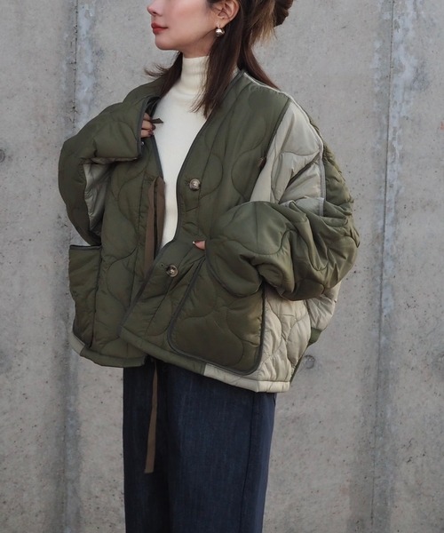 nylon switching two-tone jacket parka /ナイロン 切り替え Vネック