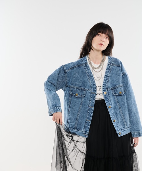 Shelly island（シェリーアイランド）の「ノーカラーデニムジャケット（デニムジャケット・レディース・ブルー・FREE）」の9枚目の写真