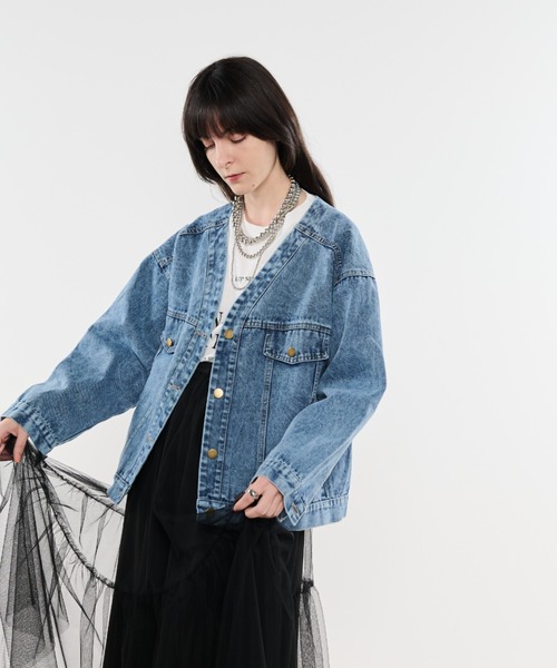 Shelly island（シェリーアイランド）の「ノーカラーデニムジャケット（デニムジャケット・レディース・ブルー・FREE）」の11枚目の写真