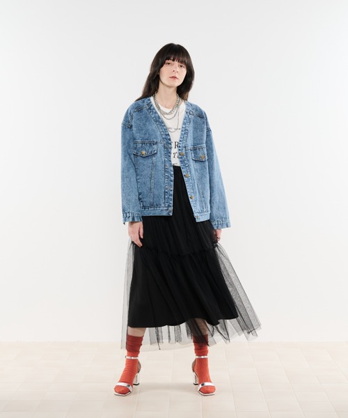 ゆきキティ シェリエ　sheller ノーカラーフリンジデニムジャケット ゆきキティ シェリエ sheller ノーカラーフリンジデニム