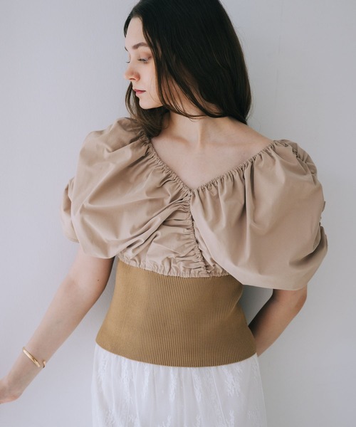 SELFIST（セルフィスト）の「【ar掲載】2WAYニットドッキングバルーンブラウス　春服 　夏服　オフショル Vネック ノースリーブ 無地（ニット/セーター・レディース・グリーン/ベージュ/ブラック/オフホワイト・フリー）」の4枚目の写真
