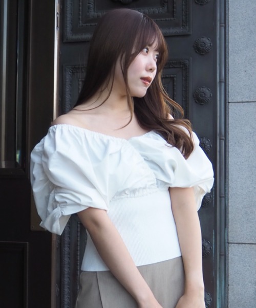 SELFIST（セルフィスト）の「【ar掲載】2WAYニットドッキングバルーンブラウス　春服 　夏服　オフショル Vネック ノースリーブ 無地（ニット/セーター・レディース・グリーン/ベージュ/ブラック/オフホワイト・フリー）」の7枚目の写真