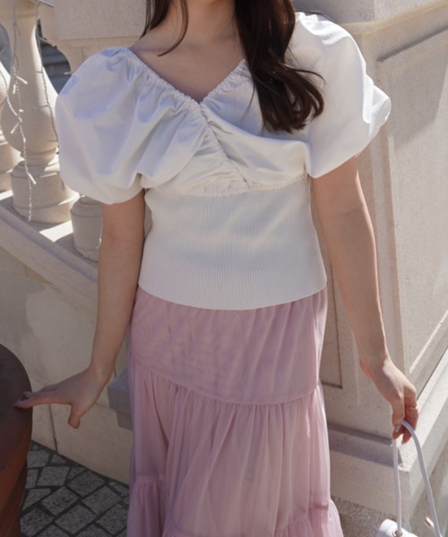 SELFIST（セルフィスト）の「【ar掲載】2WAYニットドッキングバルーンブラウス　春服 　夏服　オフショル Vネック ノースリーブ 無地（ニット/セーター・レディース・グリーン/ベージュ/ブラック/オフホワイト・フリー）」の17枚目の写真