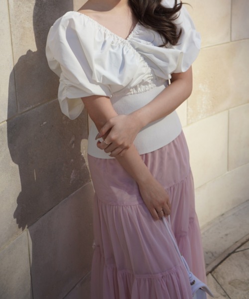 SELFIST（セルフィスト）の「【ar掲載】2WAYニットドッキングバルーンブラウス　春服 　夏服　オフショル Vネック ノースリーブ 無地（ニット/セーター・レディース・グリーン/ベージュ/ブラック/オフホワイト・フリー）」の19枚目の写真
