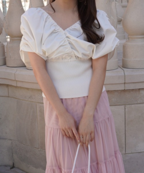 SELFIST（セルフィスト）の「【ar掲載】2WAYニットドッキングバルーンブラウス　春服 　夏服　オフショル Vネック ノースリーブ 無地（ニット/セーター・レディース・グリーン/ベージュ/ブラック/オフホワイト・フリー）」の18枚目の写真