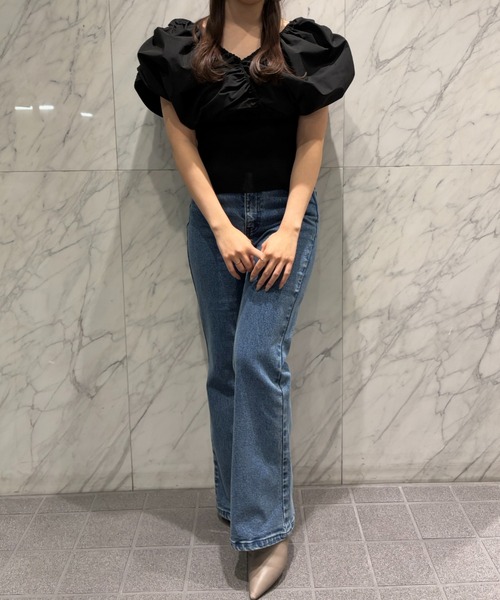 SELFIST（セルフィスト）の「【ar掲載】2WAYニットドッキングバルーンブラウス　春服 　夏服　オフショル Vネック ノースリーブ 無地（ニット/セーター・レディース・グリーン/ベージュ/ブラック/オフホワイト・フリー）」の22枚目の写真