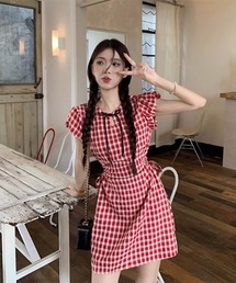 Mayree | 【Mayree】チェック柄 チャイナ風リボン  ウエストカット ミニワンピ(ワンピース)