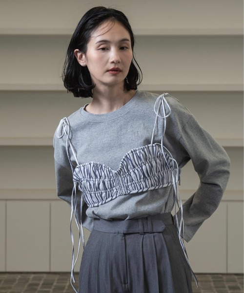 lawgy ストリング リボン ギャザー ストライプ ビスチェ lawgy（ラウジー）の「string ribbon gather stripe bustier