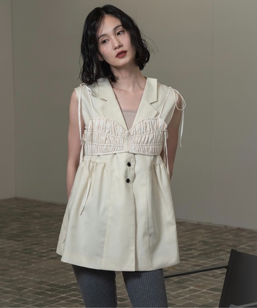 lawgy ストリング リボン ギャザー ストライプ ビスチェ lawgy（ラウジー）の「string ribbon gather stripe bustier