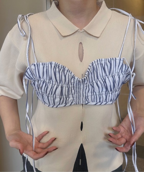 lawgy（ラウジー）の「string ribbon gather stripe bustier / ストリングリボンギャザーストライプビスチェ（その他トップス・レディース・ブルー/クリーム/ブラック・FREE）」の9枚目の写真