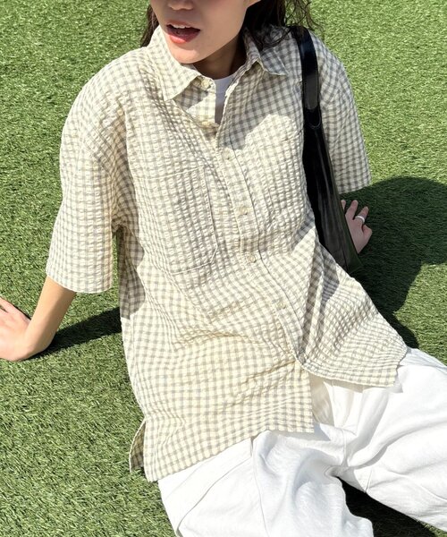 CIAOPANIC TYPY(チャオパニックティピー)の「【UNISEX】ポコポコチェック半袖シャツ(シャツ/ブラウス・レディース・ブルー/ブラック/カーキ/ベージュ・MEDIUM/LARGE)」の12枚目の写真