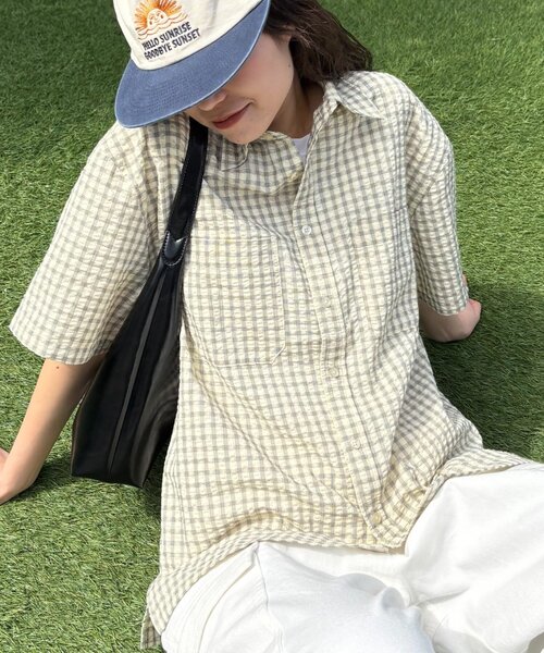 CIAOPANIC TYPY(チャオパニックティピー)の「【UNISEX】ポコポコチェック半袖シャツ(シャツ/ブラウス・レディース・ブルー/ブラック/カーキ/ベージュ・MEDIUM/LARGE)」の5枚目の写真