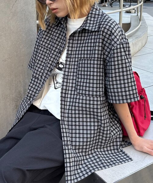 CIAOPANIC TYPY(チャオパニックティピー)の「【UNISEX】ポコポコチェック半袖シャツ(シャツ/ブラウス・レディース・ブルー/ブラック/カーキ/ベージュ・MEDIUM/LARGE)」の6枚目の写真