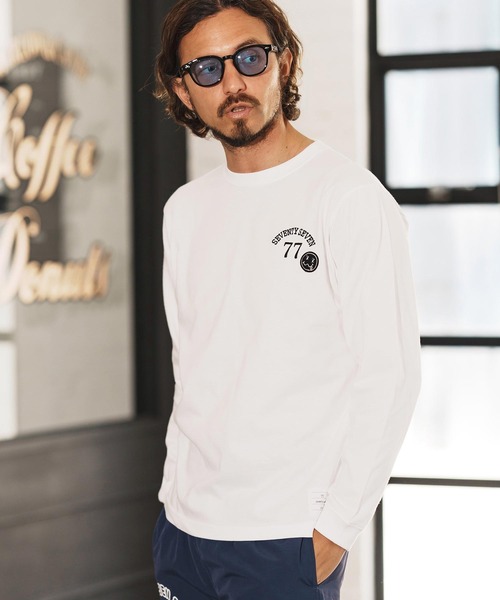 seventy seven(セブンティセブン)の「mlt5167-middle onz L-S t-shirts (77arch) ロンT(Tシャツ/カットソー・メンズ・ピンク/ホワイト×ブラック/ブラック/ホワイト×ピンク・S/M/L/XL)」の2枚目の写真