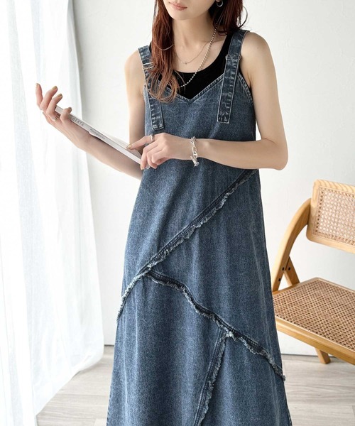 ワイズ　フリンジジャンパースカート セール】綿100％☆大人カジュアルを極める!Vネックフリンジ切り替え