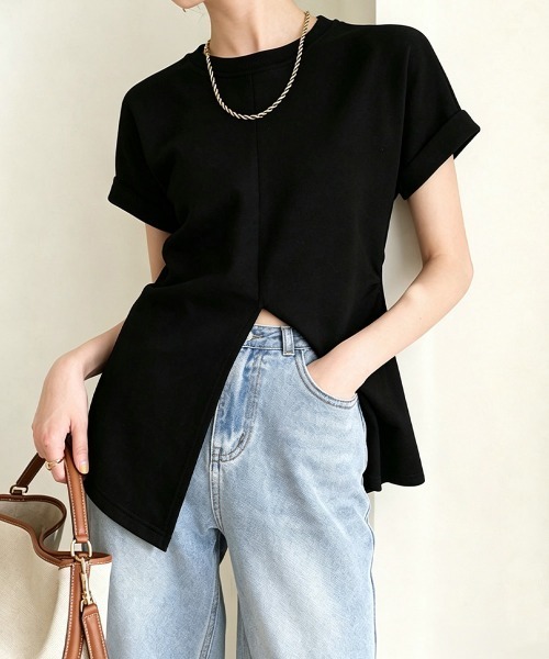 Miniministore(ミニミニストア)の「フロントスリットtシャツレディース半袖韓国風半袖(Tシャツ/カットソー・レディース・ブラック/ホワイト・M/L)」の1枚目の写真