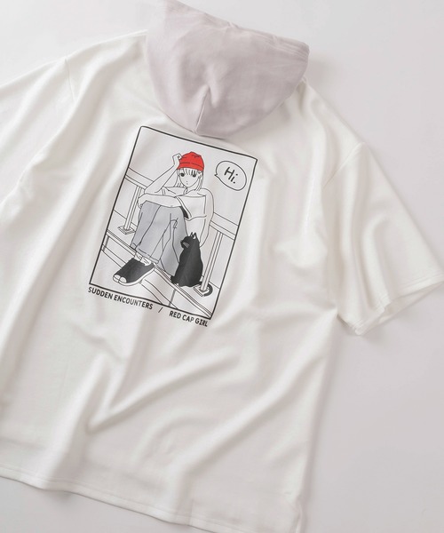 Red Cap Girl(レッドキャプガール)の「【70】【Red Cap Girl/レッドキャップガール】ガールイラスト フード配色 ポンチパーカー 接触冷感 オーバーサイズ バックプリント ユニセックス 推し活(パーカー・メンズ・ブルー/ピンク/ブラック/ホワイト/チャコールグレー・M/L)」の1枚目の写真