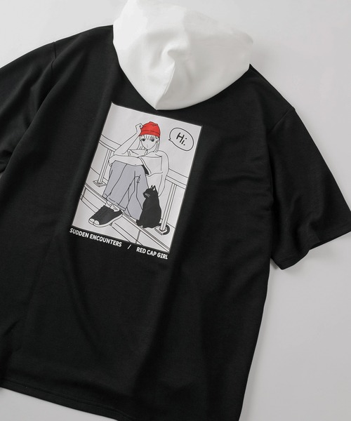 Red Cap Girl(レッドキャプガール)の「【70】【Red Cap Girl/レッドキャップガール】ガールイラスト フード配色 ポンチパーカー 接触冷感 オーバーサイズ バックプリント ユニセックス 推し活(パーカー・メンズ・ブルー/ピンク/ブラック/ホワイト/チャコールグレー・M/L)」の2枚目の写真