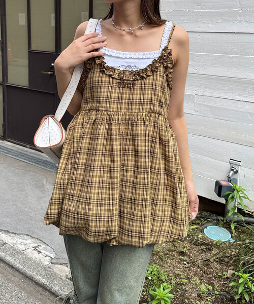 CIAOPANIC(チャオパニック)の「フリルチェックバルーンキャミビスチェ(キャミソール・レディース・イエロー/ネイビー/レッド・ONE SIZE)」の13枚目の写真