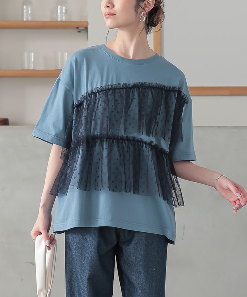 n'OrLABEL(ノアールレーベル)の「ドットチュールドッキングカットソー(Tシャツ/カットソー・レディース・ブラック/カーキ/ブルー・1/2)」の5枚目の写真