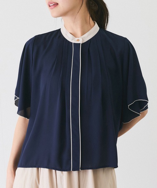Jayro(ジャイロ)の「フロントタックバイカラーデザインラッフルスリーブブラウス(シャツ/ブラウス・レディース・グレー/サックスブルー/ホワイト系その他/ネイビー/ピンク系その他2・M)」の3枚目の写真