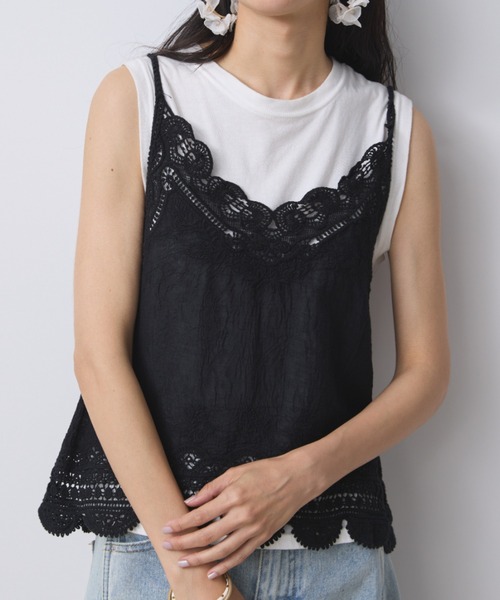 「qumerry.」 キャミソールブラウス MEDIUM ブラック レディース ブラ紐とまるレースキャミソール：ブラック│胸が大きな女性の