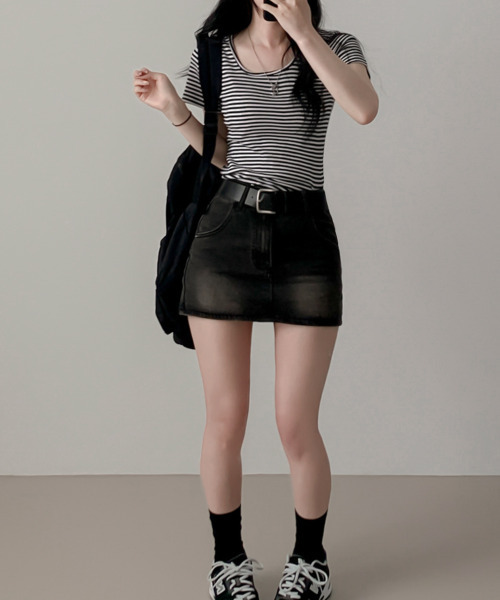 VIVID LADY(ビビッドレディー)の「ボーダー 半袖 Tシャツ(Tシャツ/カットソー・レディース・ブラック/チャコールグレー/ライトグレー/ブラウン・FREE)」の7枚目の写真