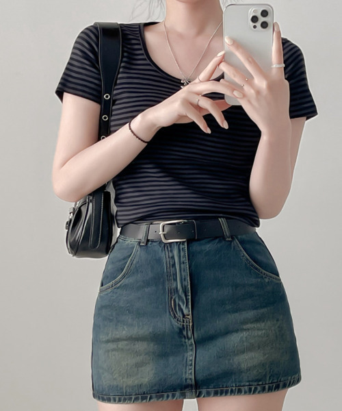 VIVID LADY(ビビッドレディー)の「ボーダー 半袖 Tシャツ(Tシャツ/カットソー・レディース・ブラック/チャコールグレー/ライトグレー/ブラウン・FREE)」の8枚目の写真