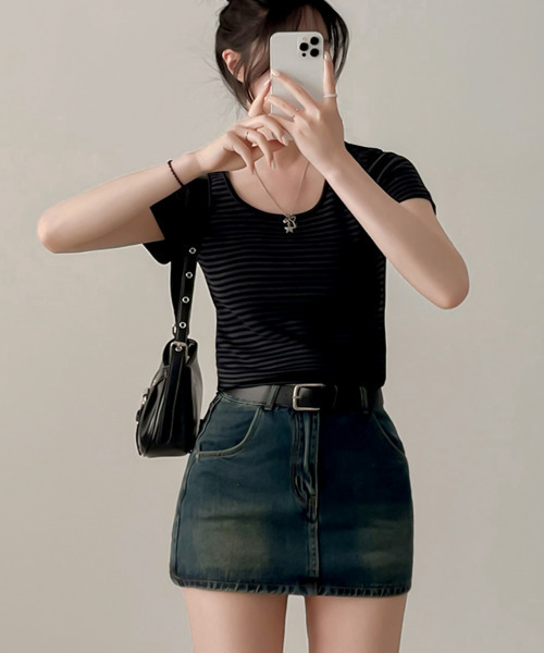 VIVID LADY(ビビッドレディー)の「ボーダー 半袖 Tシャツ(Tシャツ/カットソー・レディース・ブラック/チャコールグレー/ライトグレー/ブラウン・FREE)」の18枚目の写真