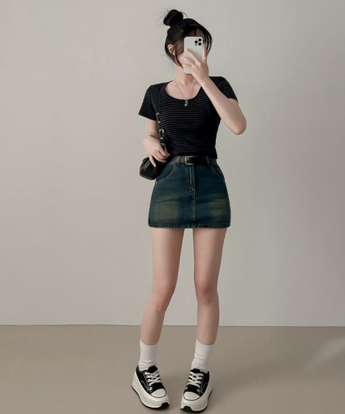 VIVID LADY(ビビッドレディー)の「ボーダー 半袖 Tシャツ(Tシャツ/カットソー・レディース・ブラック/チャコールグレー/ライトグレー/ブラウン・FREE)」の19枚目の写真