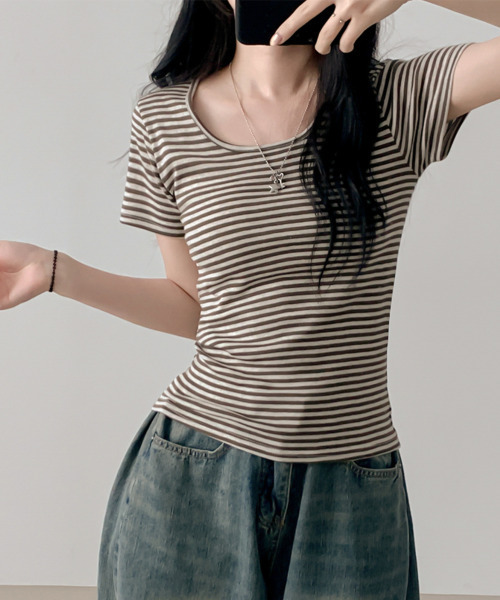 VIVID LADY(ビビッドレディー)の「ボーダー 半袖 Tシャツ(Tシャツ/カットソー・レディース・ブラック/チャコールグレー/ライトグレー/ブラウン・FREE)」の12枚目の写真