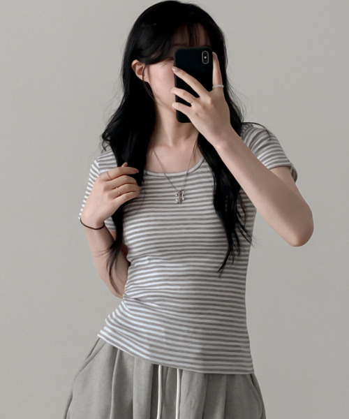 VIVID LADY(ビビッドレディー)の「ボーダー 半袖 Tシャツ(Tシャツ/カットソー・レディース・ブラック/チャコールグレー/ライトグレー/ブラウン・FREE)」の16枚目の写真