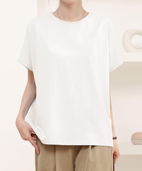 Cinderella(シンデレラ)の「トップス レディース カジュアル Tシャツ カットソー ドルマンスリーブ 綿100% 夏 春 半袖 五分袖 シンプル 無地 上品 きれいめ かわいい おしゃれ 黒 ブラック 青 ボーダー キャメル 茶色 コーヒー クリーム ネイビー 紺 ホワイト 白(Tシャツ/カットソー・レディース・キャメル/ダークブラウン/ホワイト/その他1/ネイビー/ブルー/クリーム/ブラック・LARGE/MEDIUM)」の2枚目の写真